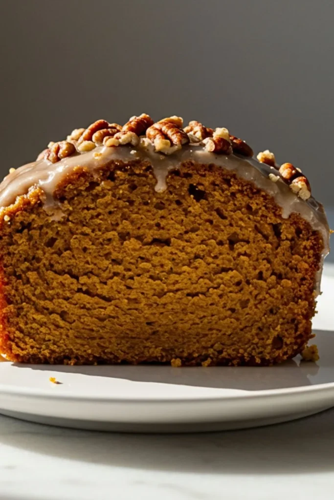 A single slice of Pumpkin Pound Cake with Maple-Pecan Glaze on a white ceramic dessert plate