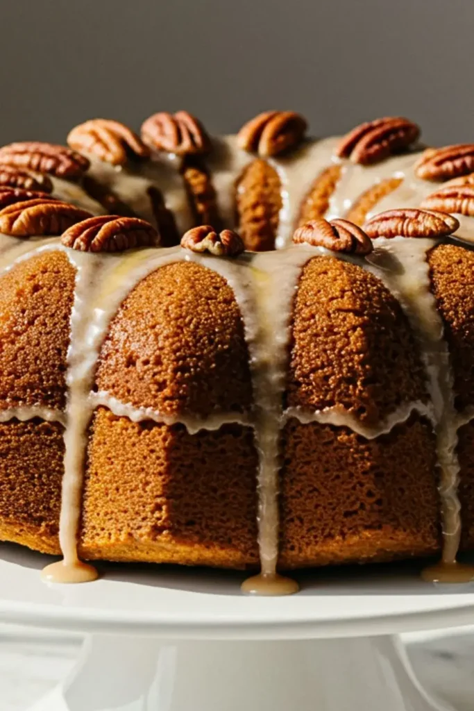 A Pumpkin Pound Cake with Maple-Pecan Glaze in a white ceramic cake stand