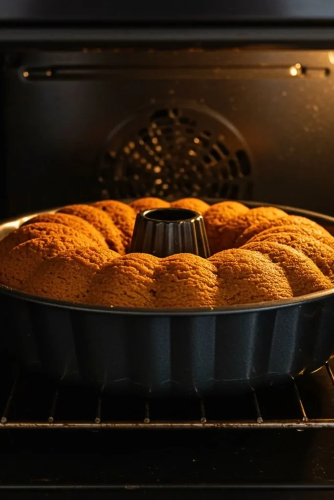 A Pumpkin Pound Cake with Maple-Pecan Glaze baking in a dark bundt pan inside a modern oven