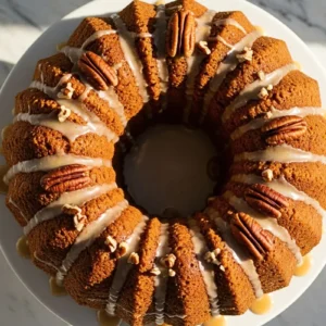 A Pumpkin Pound Cake with Maple-Pecan Glaze in a white ceramic cake stand