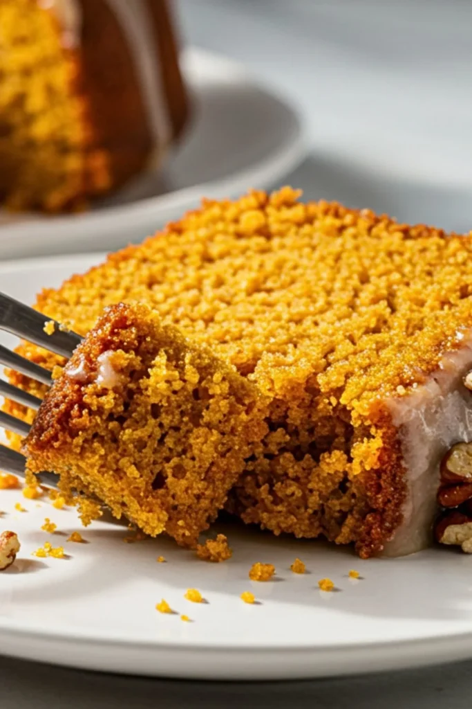 A silver fork taking a single bite from a slice of Pumpkin Pound Cake with Maple-Pecan Glaze on a white ceramic dessert plate