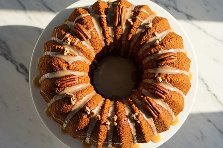 A Pumpkin Pound Cake with Maple-Pecan Glaze in a white ceramic cake stand