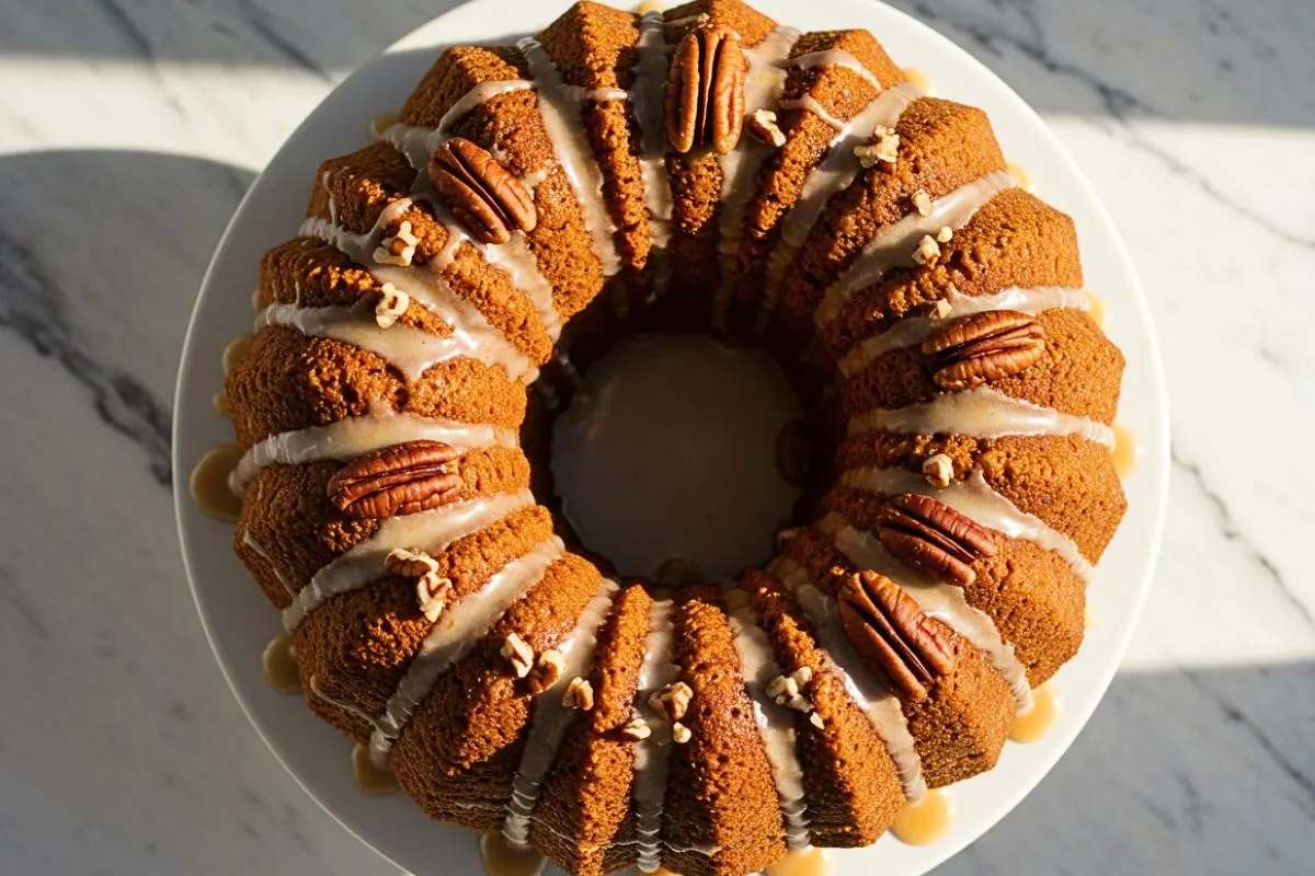 A Pumpkin Pound Cake with Maple-Pecan Glaze in a white ceramic cake stand