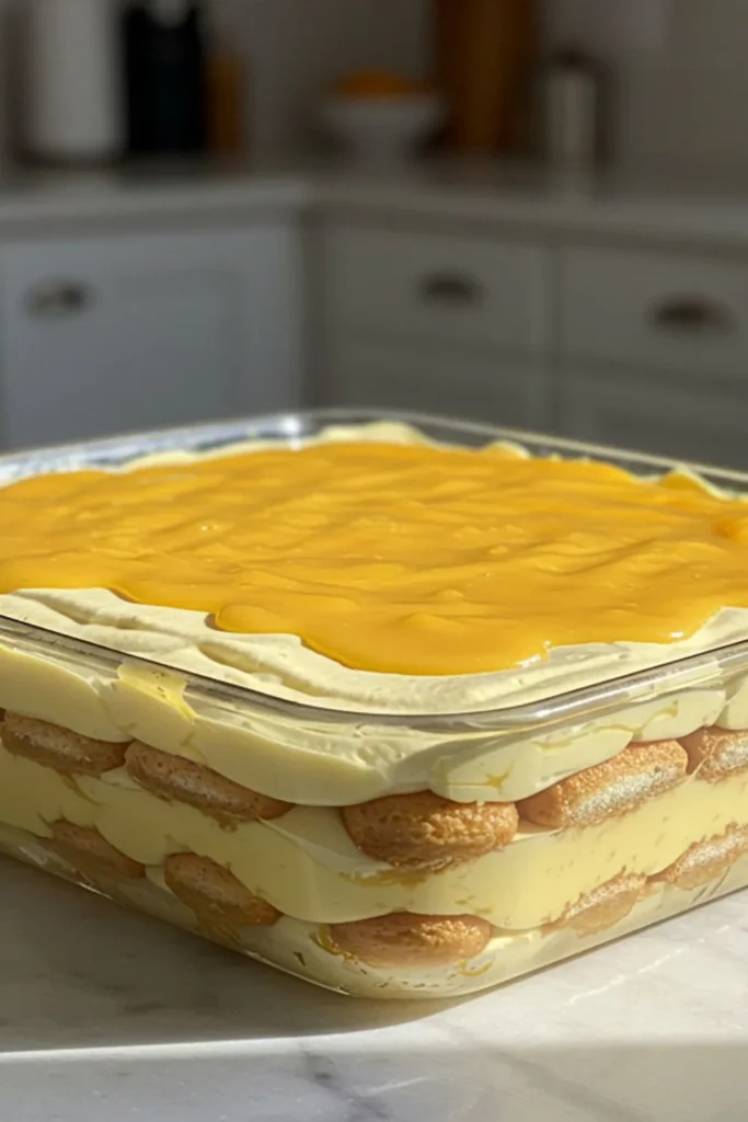 lemon tiramisu in a 9x9-inch serving dish, featuring layers of lemon-soaked ladyfingers and creamy mascarpone, topped with a vibrant lemon curd drizzle