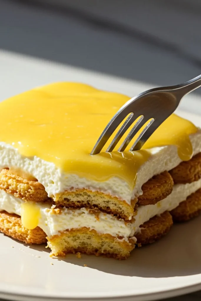 A single slice of lemon tiramisu, featuring layers of lemon-soaked ladyfingers and creamy mascarpone, topped with a vibrant lemon curd drizzle