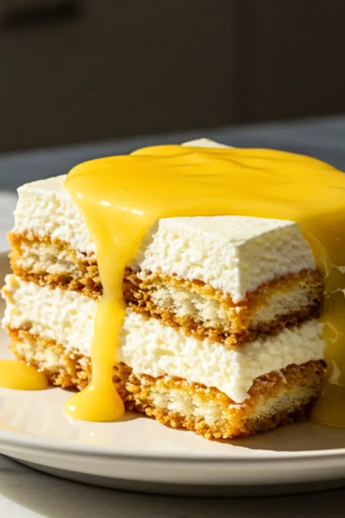 A single slice of lemon tiramisu, featuring layers of lemon-soaked ladyfingers and creamy mascarpone, topped with a vibrant lemon curd drizzle