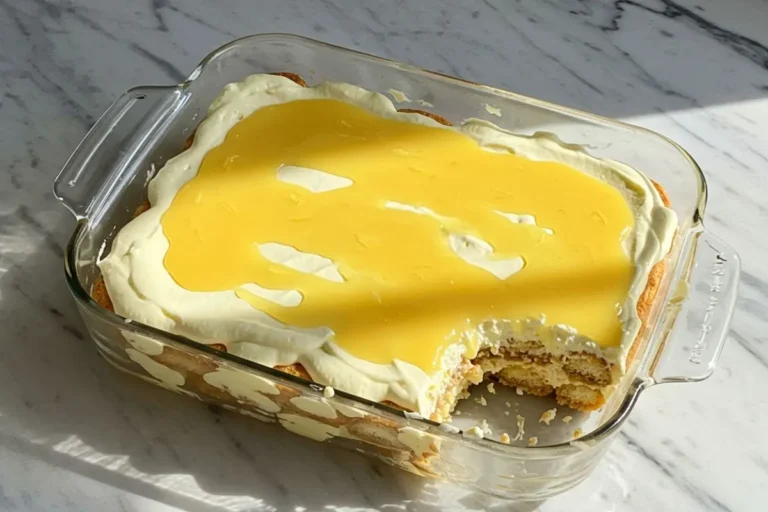 lemon tiramisu in a 9x9-inch serving dish, featuring layers of lemon-soaked ladyfingers and creamy mascarpone, topped with a vibrant lemon curd drizzle