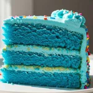 A single slice of Simple Blue Birthday Cake on a white ceramic plate, featuring the cross-section showing the vibrant blue sponge cake layers with creamy blue buttercream frosting between and around, topped with colorful sprinkles.