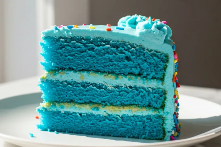 A single slice of Simple Blue Birthday Cake on a white ceramic plate, featuring the cross-section showing the vibrant blue sponge cake layers with creamy blue buttercream frosting between and around, topped with colorful sprinkles.