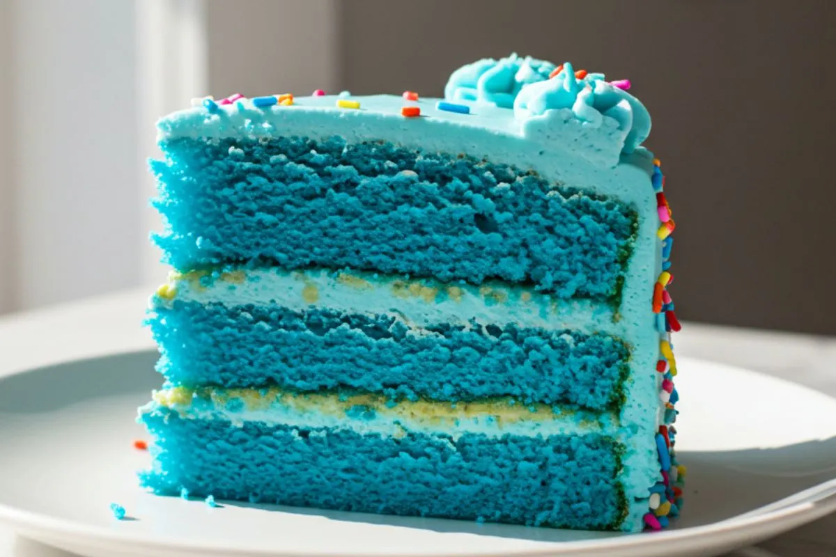 A single slice of Simple Blue Birthday Cake on a white ceramic plate, featuring the cross-section showing the vibrant blue sponge cake layers with creamy blue buttercream frosting between and around, topped with colorful sprinkles.