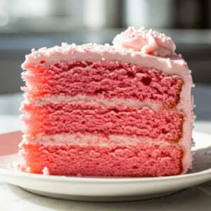 A slice of Simple Pink Birthday Cake on a small dessert plate