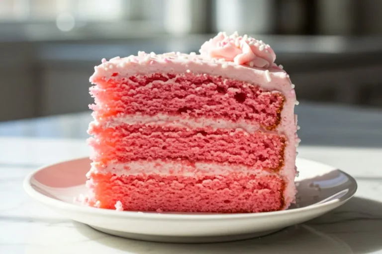 A slice of Simple Pink Birthday Cake on a small dessert plate