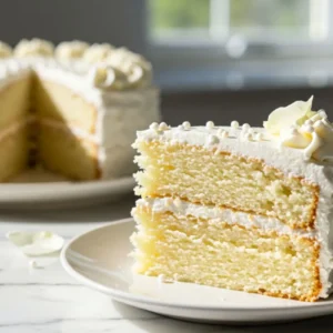A homemade slice of Simple White Birthday Cake on a small dessert plate