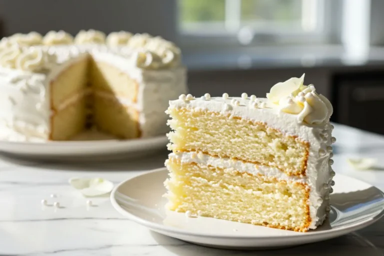 A homemade slice of Simple White Birthday Cake on a small dessert plate