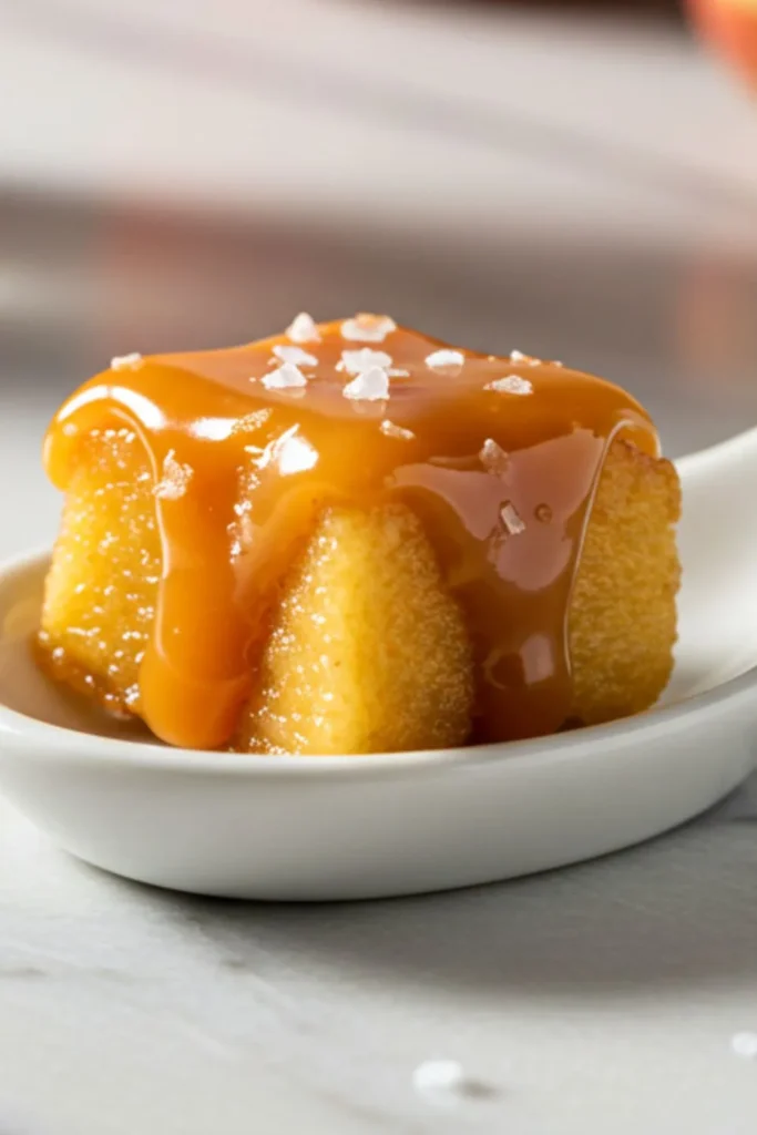 Single mini caramel apple bite on white spoon showing diced apple cube with golden caramel coating and flaky sea salt