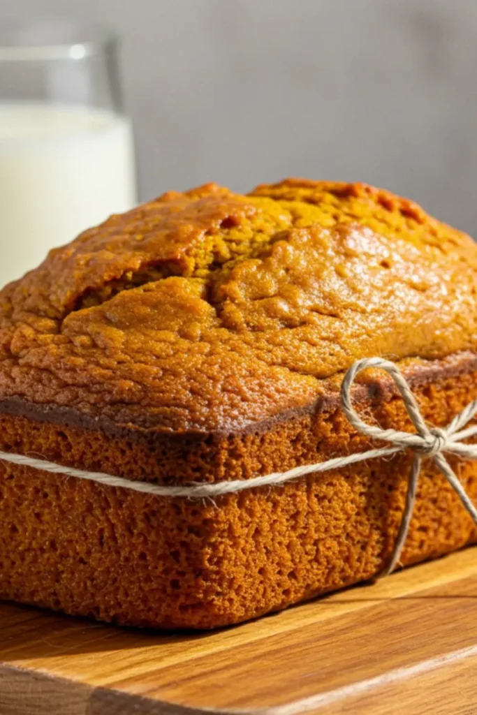 Single petite spiced pumpkin loaf on wooden board with golden-orange spiced cake, glaze drizzle, and twine ribbon ready for gifting