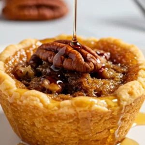 Single tiny maple-pecan tartlet on white plate showing golden pastry shell with glossy maple-pecan filling and toasted pecan halves on top