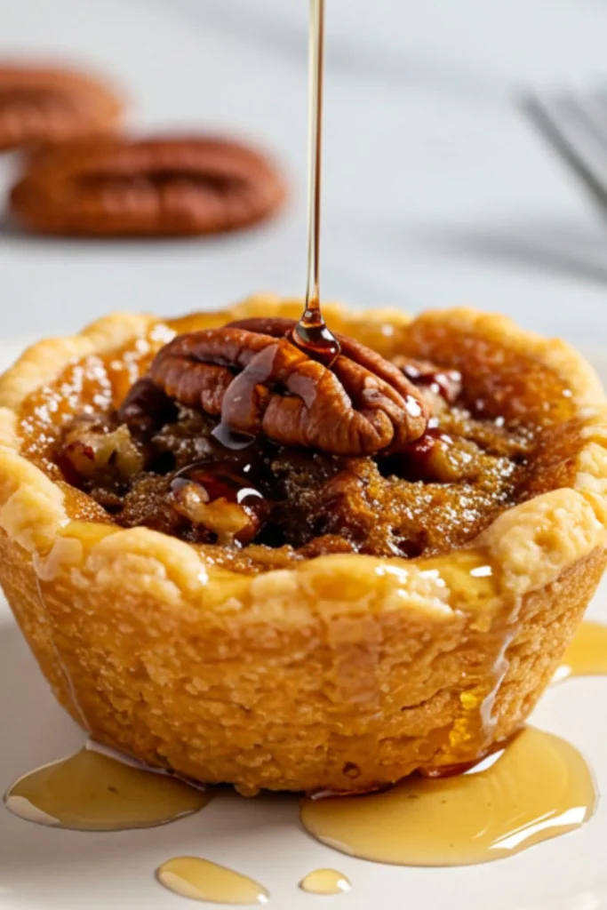 Single tiny maple-pecan tartlet on white plate showing golden pastry shell with glossy maple-pecan filling and toasted pecan halves on top