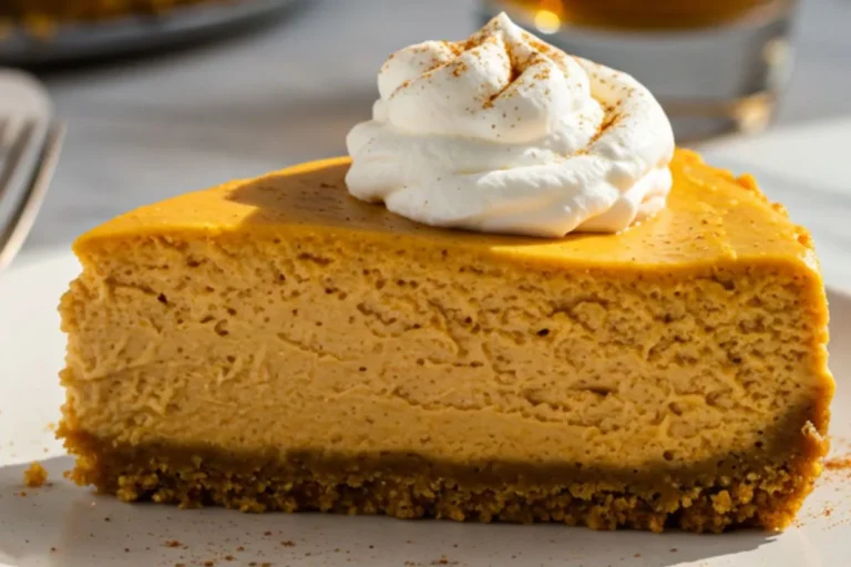 Single slice of pumpkin bourbon cheesecake on white plate showing layered cross-section with orange filling, graham crust, and whipped cream