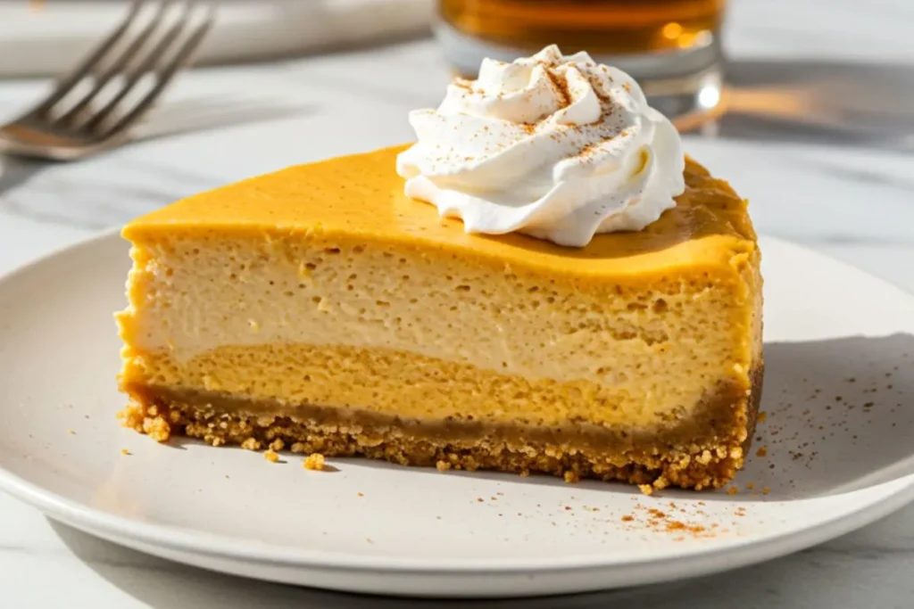 Single slice of pumpkin bourbon cheesecake on white plate showing layered cross-section with orange filling, graham crust, and whipped cream