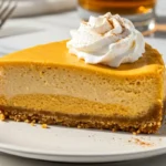 Single slice of pumpkin bourbon cheesecake on white plate showing layered cross-section with orange filling, graham crust, and whipped cream