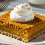 Single pumpkin pie bar slice on white plate showing golden crust layer beneath creamy spiced pumpkin custard filling with whipped cream topping