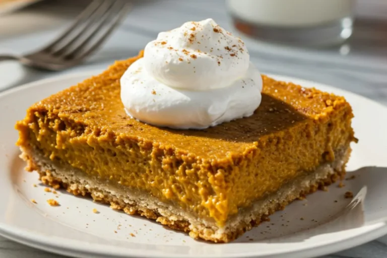 Single pumpkin pie bar slice on white plate showing golden crust layer beneath creamy spiced pumpkin custard filling with whipped cream topping