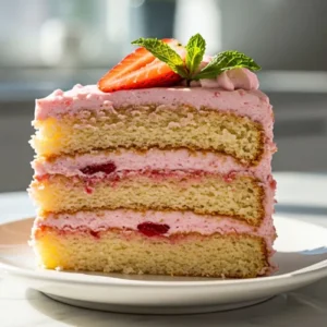 A slice of Strawberry Birthday Cake on a small dessert plate