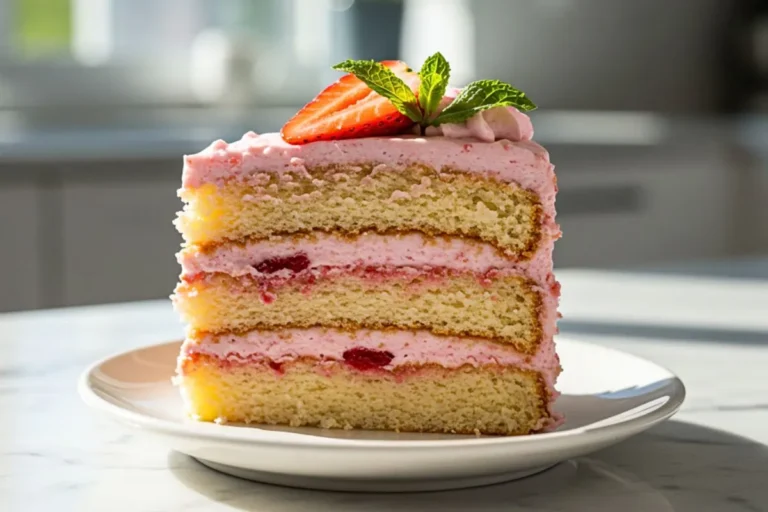 A slice of Strawberry Birthday Cake on a small dessert plate