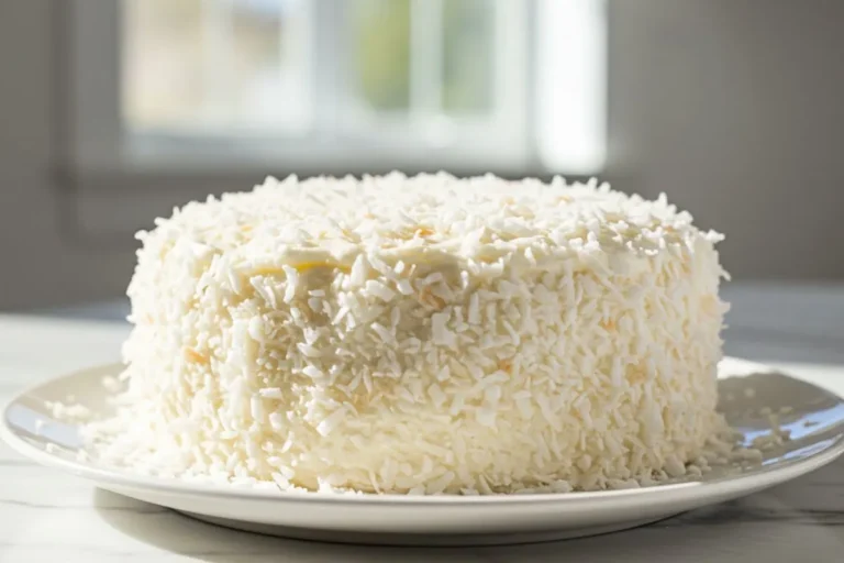 The Most Amazing Coconut Cake on a dessert plate