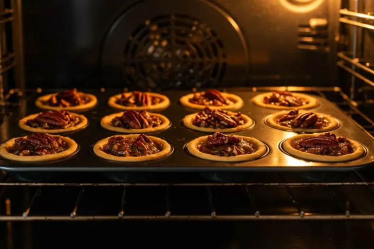 Tiny maple-pecan tartlets baking in oven with golden pastry shells and maple filling bubbling and setting, illuminated by warm oven light