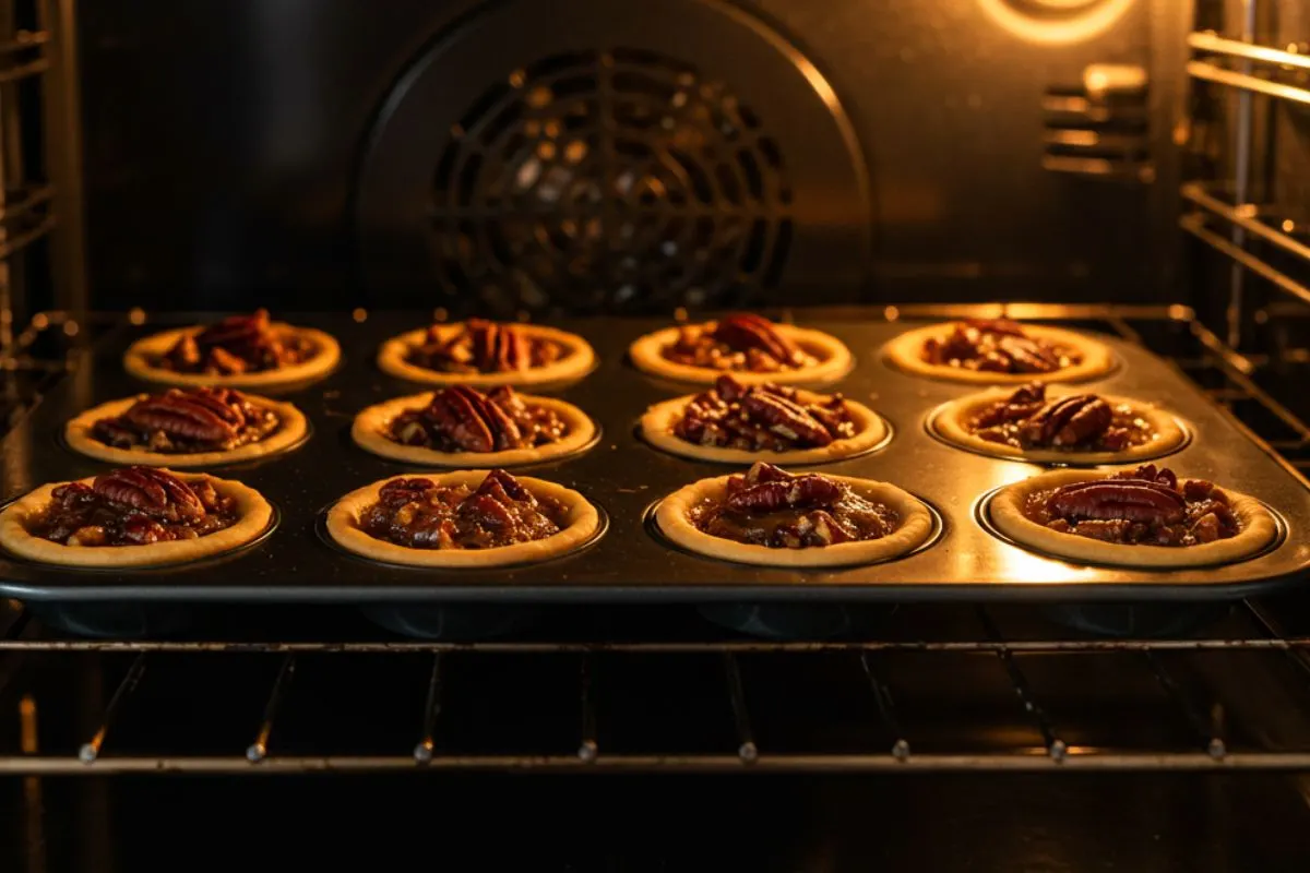 Tiny maple-pecan tartlets baking in oven with golden pastry shells and maple filling bubbling and setting, illuminated by warm oven light