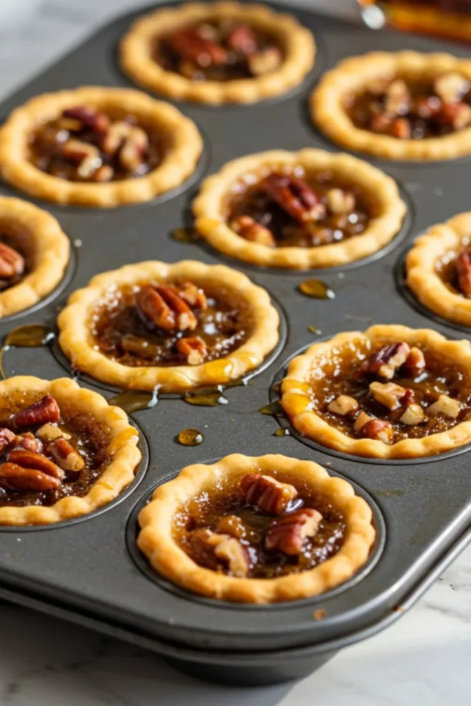 Homemade tiny maple-pecan tartlets in mini muffin tin with golden pastry shells filled with glossy maple-pecan filling and toasted nuts
