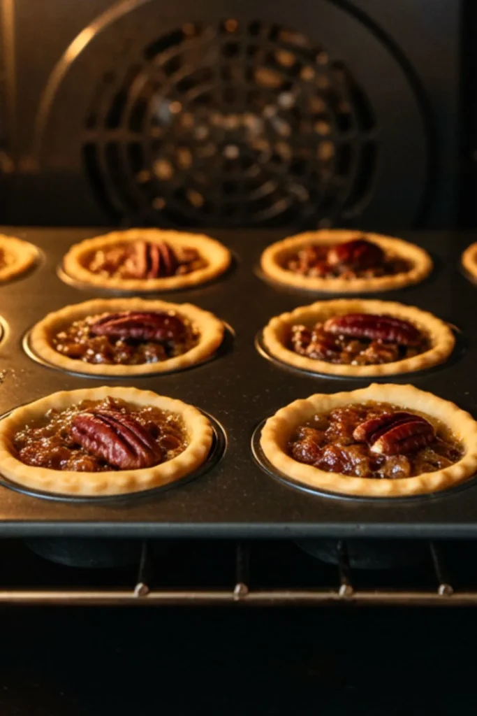 Tiny maple-pecan tartlets baking in oven with golden pastry shells and maple filling bubbling and setting, illuminated by warm oven light