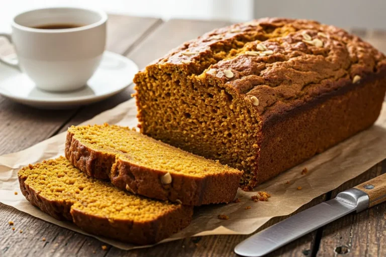 A sliced vegan pumpkin bread on a rustic wooden table