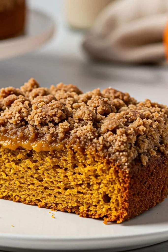 A single slice of homemade vegan pumpkin coffee cake on a simple white plate, showcasing a moist pumpkin-spiced cake layer with a ribbon of rich pumpkin butter and a golden, crunchy pumpkin spice streusel topping.