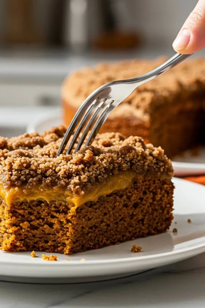 A single slice of homemade vegan pumpkin coffee cake on a white plate, with a simple fork cutting a bite to reveal the moist pumpkin-spiced cake, a layer of rich pumpkin butter, and a crunchy pumpkin spice streusel topping.
