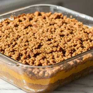 A homemade vegan pumpkin coffee cake in a square glass baking dish, featuring layers of moist pumpkin-spiced cake and rich pumpkin butter, topped with a crunchy pumpkin spice streusel.