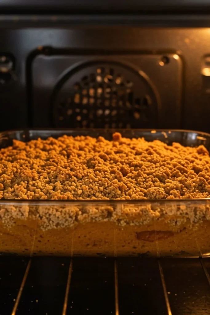 A homemade vegan pumpkin coffee cake baking in a square glass baking dish inside an oven