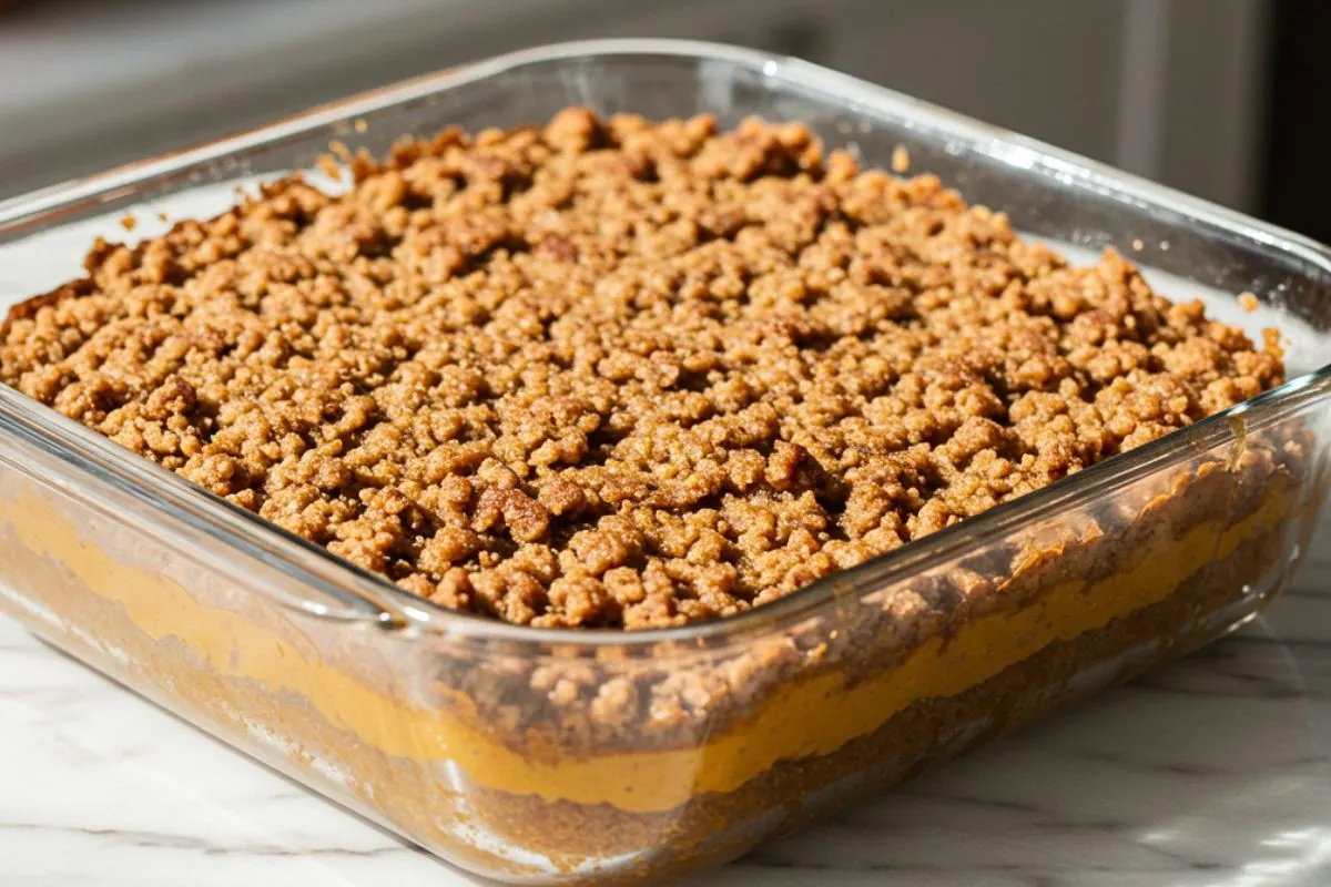 A homemade vegan pumpkin coffee cake in a square glass baking dish, featuring layers of moist pumpkin-spiced cake and rich pumpkin butter, topped with a crunchy pumpkin spice streusel.