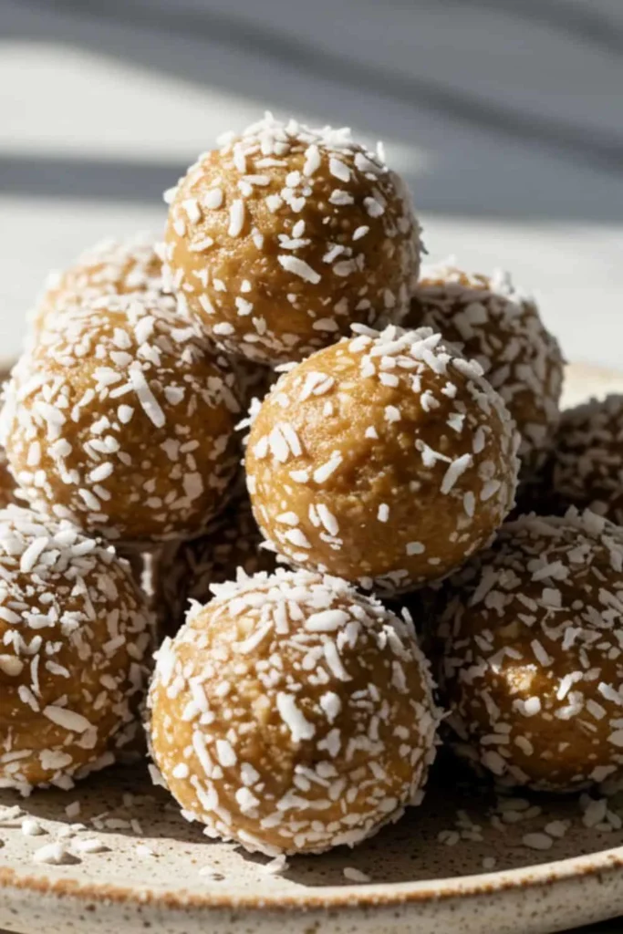 A batch of coconut vanilla protein balls elegantly arranged on a rustic ceramic dessert plate