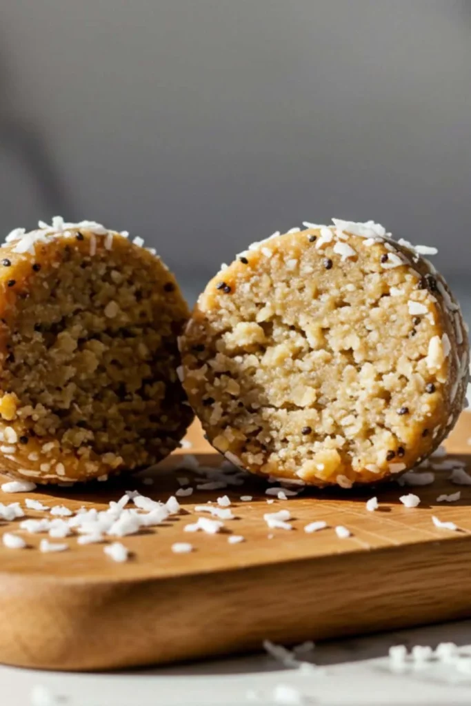 A single coconut vanilla protein ball sliced neatly into two halves, revealing its dense, creamy interior flecked with chia seeds and oats.