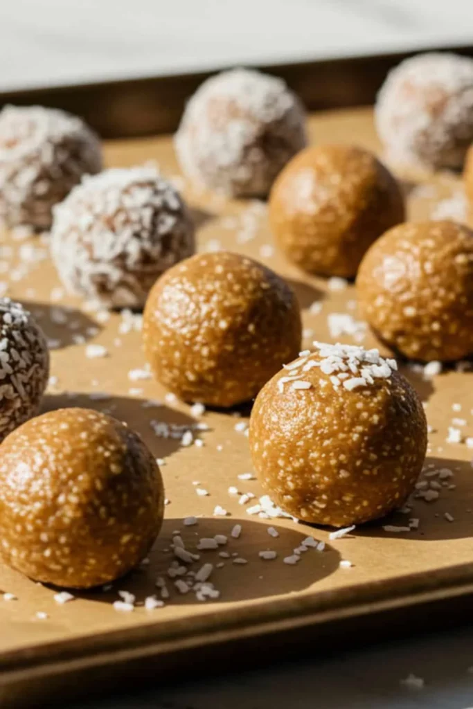 A batch of freshly rolled coconut vanilla protein balls arranged on a parchment-lined baking sheet