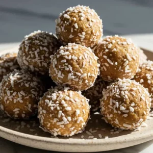 A batch of coconut vanilla protein balls elegantly arranged on a rustic ceramic dessert plate