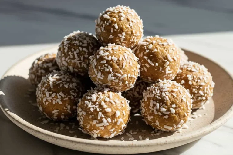 A batch of coconut vanilla protein balls elegantly arranged on a rustic ceramic dessert plate