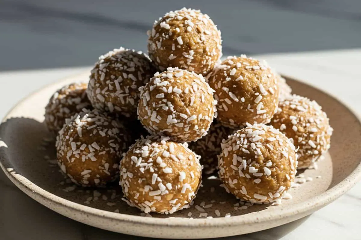 A batch of coconut vanilla protein balls elegantly arranged on a rustic ceramic dessert plate