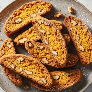 crispy pumpkin walnut biscotti on a rustic ceramic plate, combining pumpkin, warm spices, and toasted walnuts, topped with a light dusting of powdered sugar.