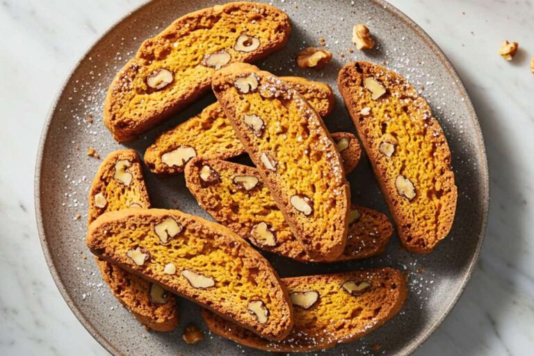 crispy pumpkin walnut biscotti on a rustic ceramic plate, combining pumpkin, warm spices, and toasted walnuts, topped with a light dusting of powdered sugar.