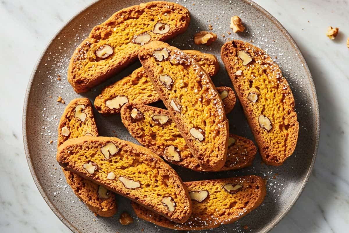 crispy pumpkin walnut biscotti on a rustic ceramic plate, combining pumpkin, warm spices, and toasted walnuts, topped with a light dusting of powdered sugar.