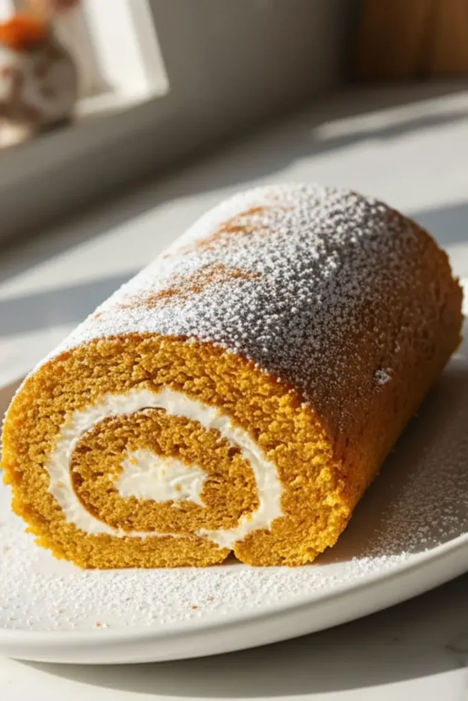 A Classic Pumpkin Roll with Cream Cheese Filling on a white ceramic dessert plate, featuring layers of moist pumpkin spice cake swirled with tangy cream cheese filling, topped with a light dusting of powdered sugar and cinnamon.